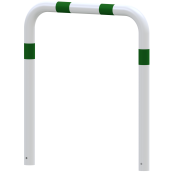 Impact protection bars | as e-charging post protection | for casting in concrete, | total width: 1000mm, total height: 1000mm | hot-dip galvanized and white powder-coated with green reflective stripes foil type RA1/A